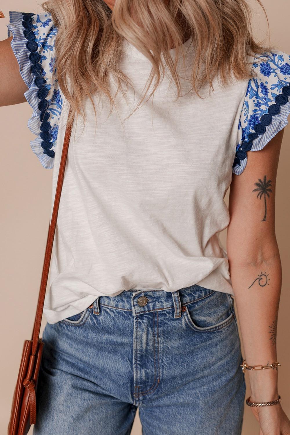 Round Neck Printed Ruffled Cap Sleeve Blouse