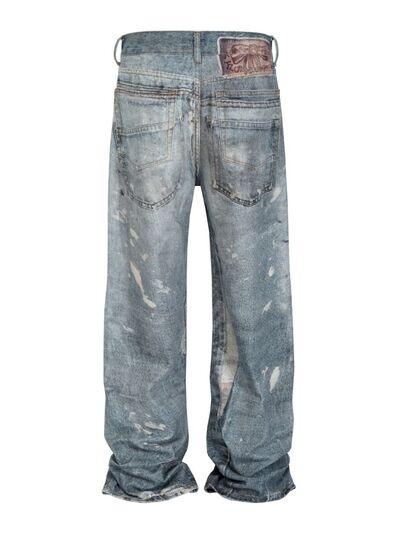 Men's Washed Button Fly Straight Jeans