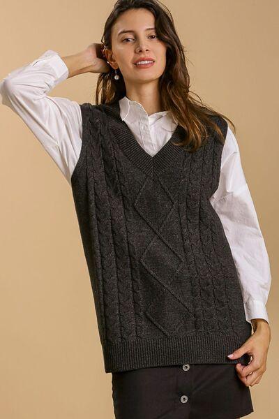 Umgee Full Size Cable V-Neck Vest Sweater Plus Size