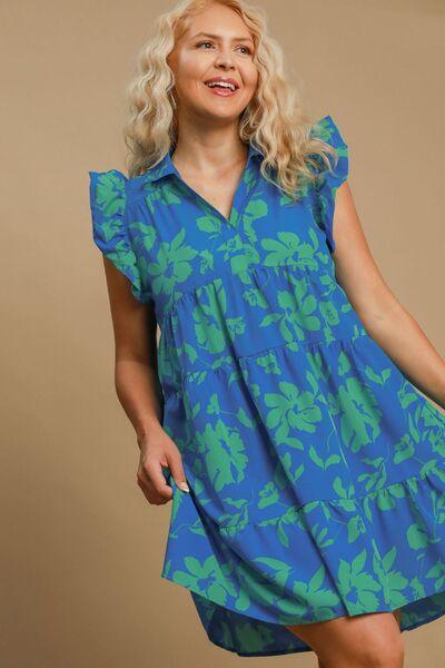 Umgee Full Size Floral Print Ruffle Cap Sleeve Tiered Dress Plus Size