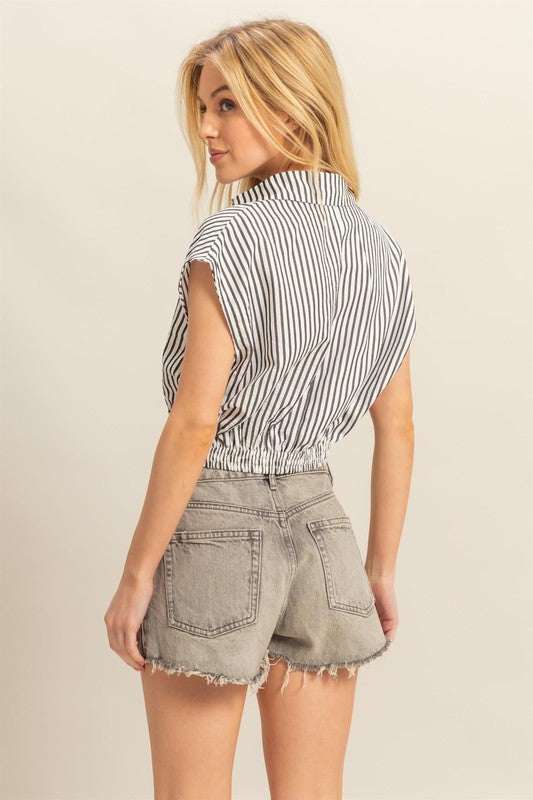 HYFVE Striped Elastic Hem Johnny Collar Cap Sleeve Blouse - Clothes For Her Online Store