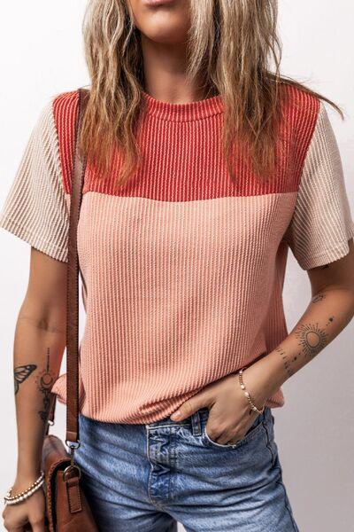 Color Block Round Neck Short Sleeve T-Shirt - Clothes For Her Online Store