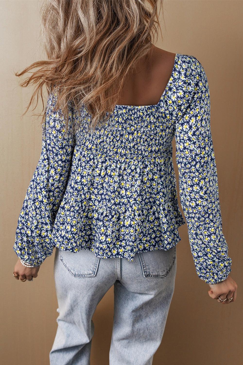 Floral Smocked Square Neck Blouse