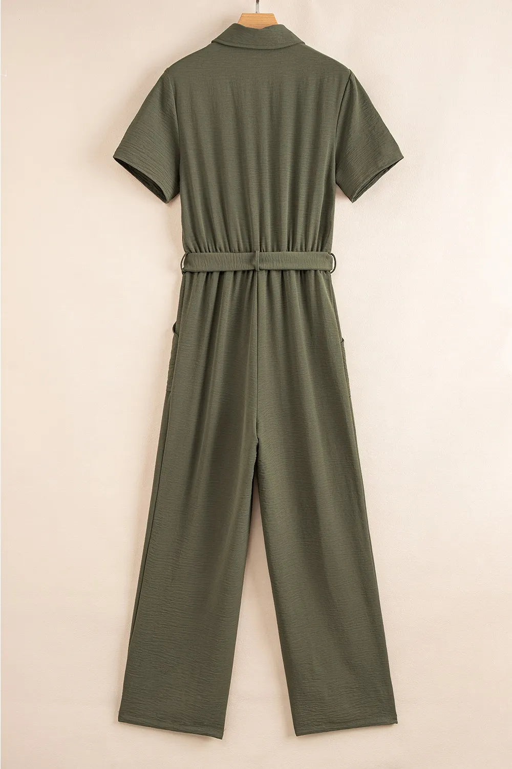 Half Button Belted Utility Short Sleeve Jumpsuit