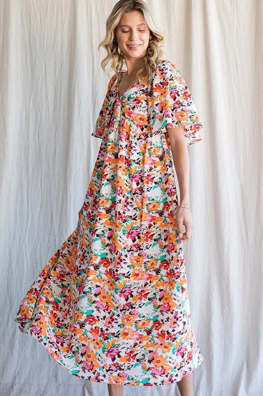 Lime 'N' Chili Floral Print Sweetheart Neck Tie Front Midi Dress