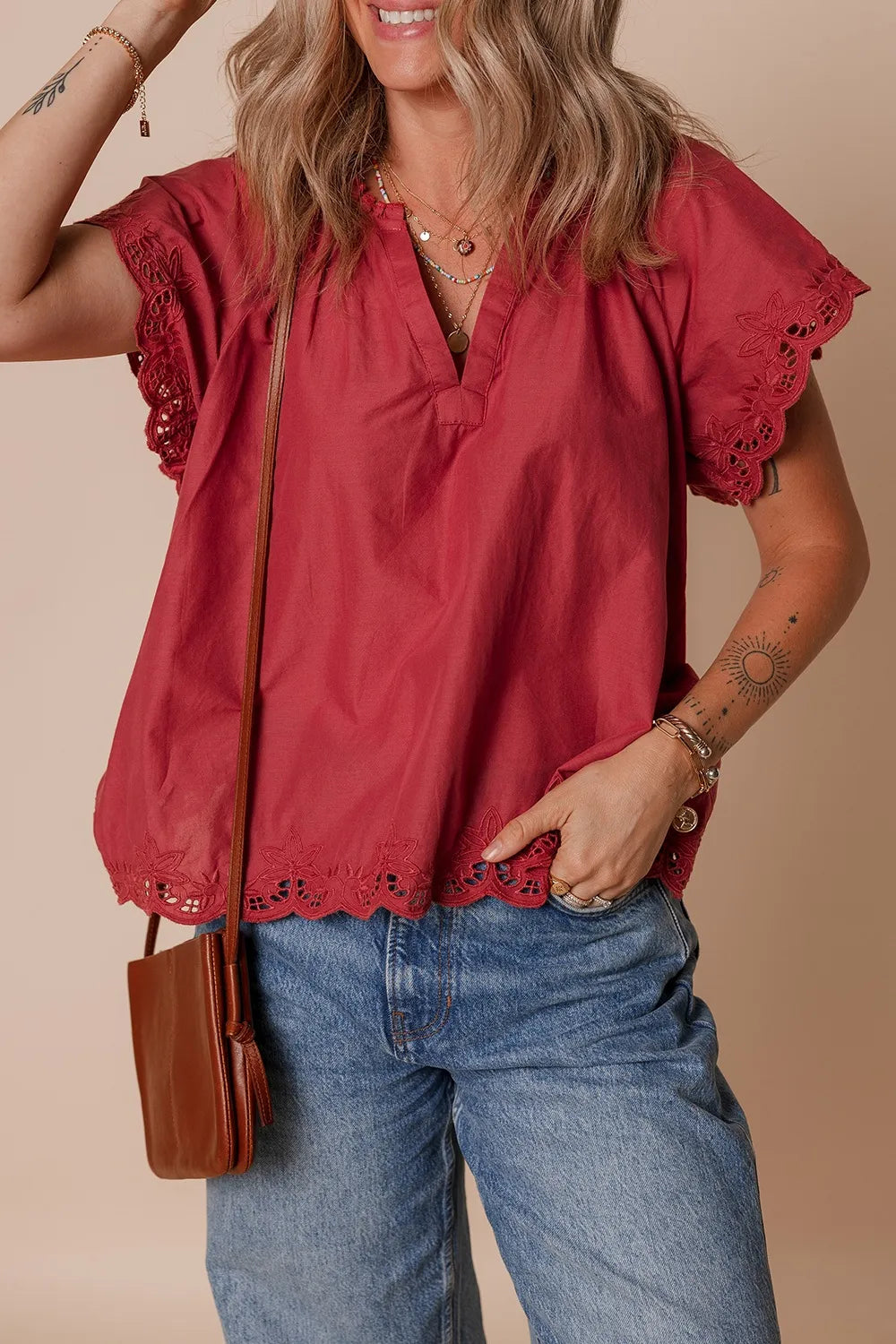 Floral Embroidered Scallop Trim Short Sleeve Notched Blouse