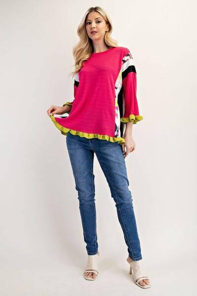 Celeste Full Size Ruffle Sleeve Color Block Top Plus Size