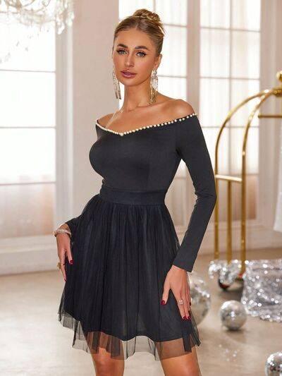 Pearl Trim Mesh Hem Off Shoulder Dress