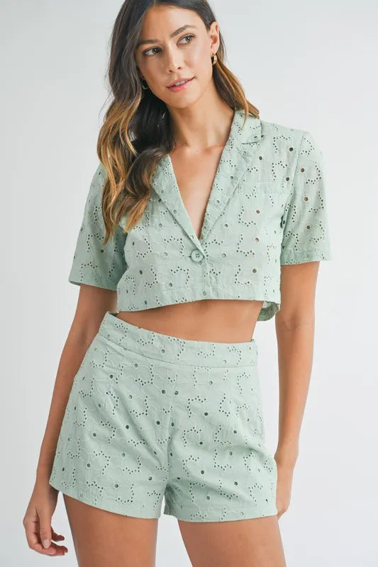 MABLE Eyelet Short Sleeve Crop Top and Shorts Set - Clothes For Her Online Store