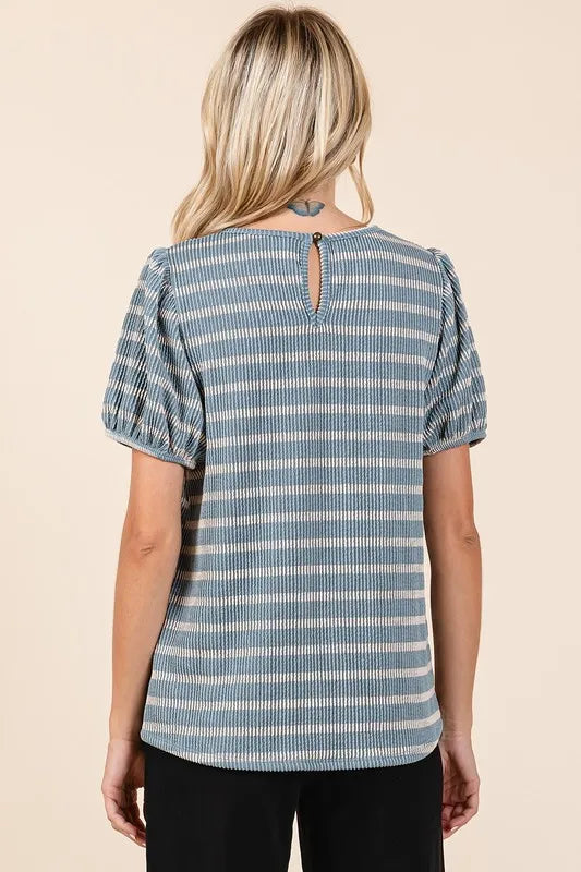 Mittoshop Contrast Striped Short Puff Sleeve Knit Top