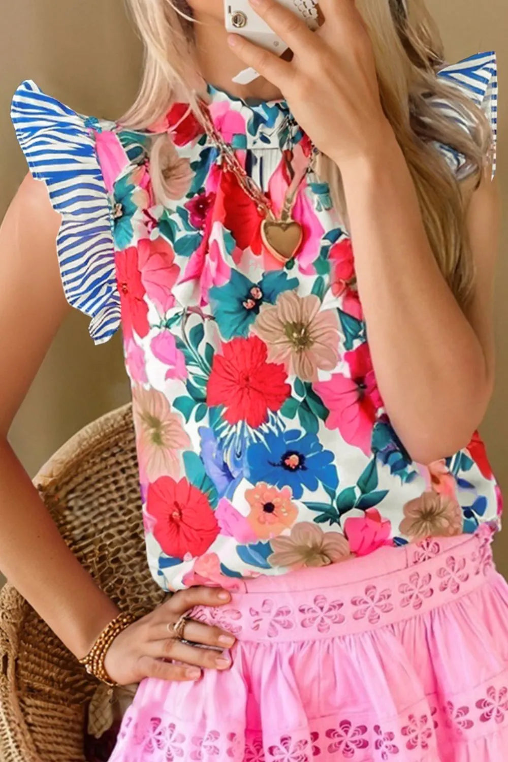 Floral Mock Neck Striped Cap Sleeve Blouse