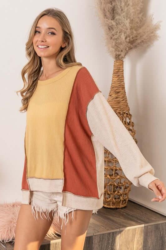 BiBi Waffle-Knit Exposed Seam Color Block Uneven Hem Top