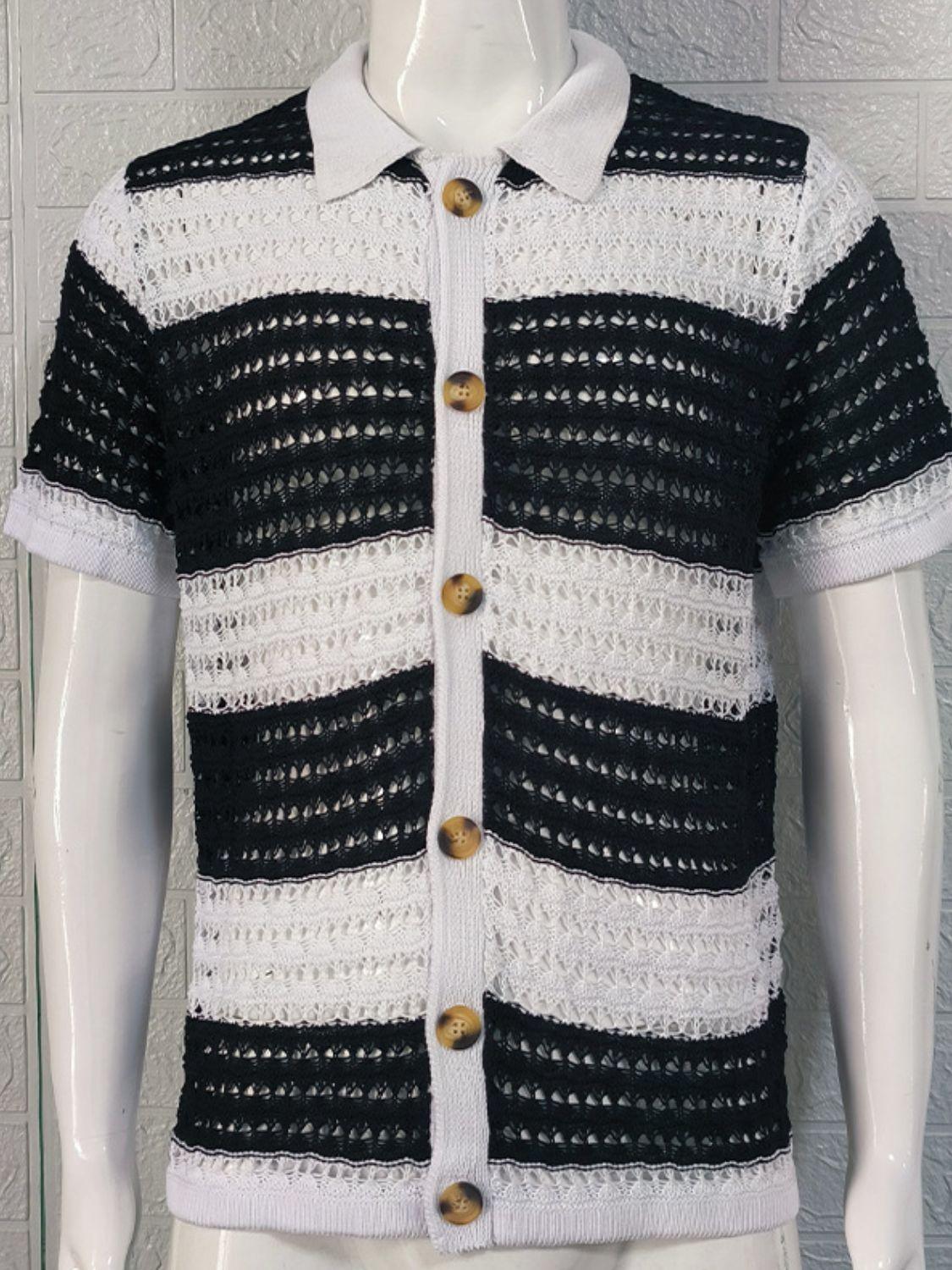 Men's Button Down Collared Neck Contrast Openwork Shirt - Clothes For Her Online Store