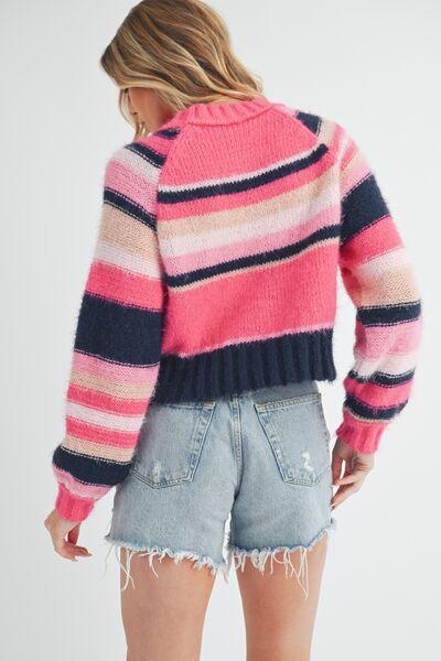 Aemi + Co Striped Ribbed Neckline Raglan Sleeve Sweater