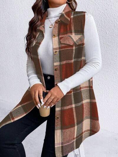 Honey Plus Size Pocketed Plaid Button Up Vest Coat - Clothes For Her Online Store