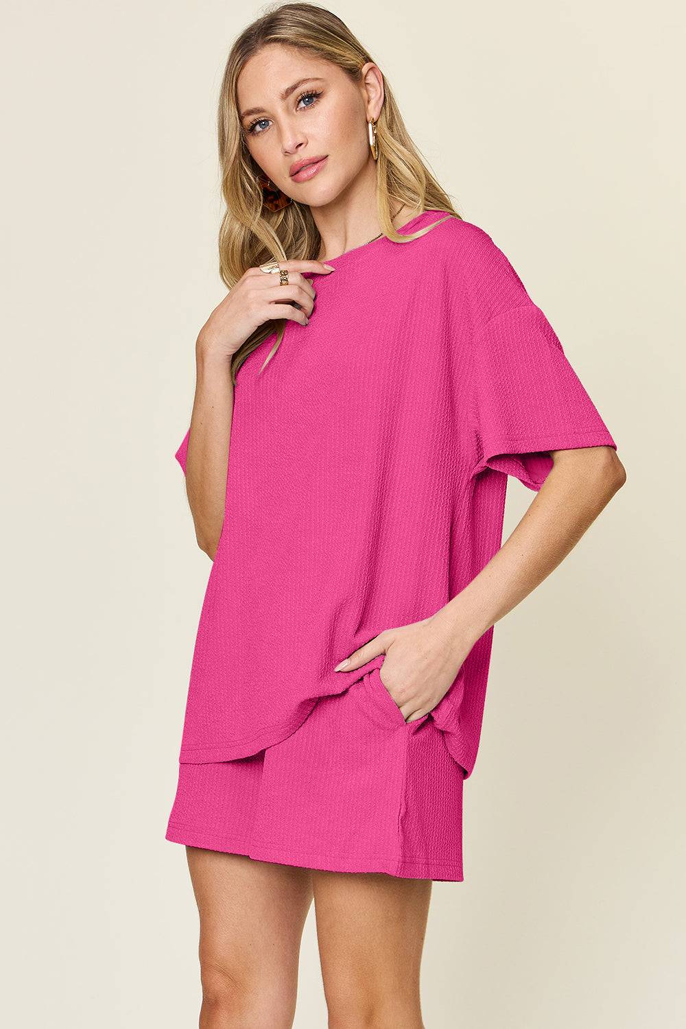Double Take Basic style Round Neck Solid Set - Clothes For Her Online Store