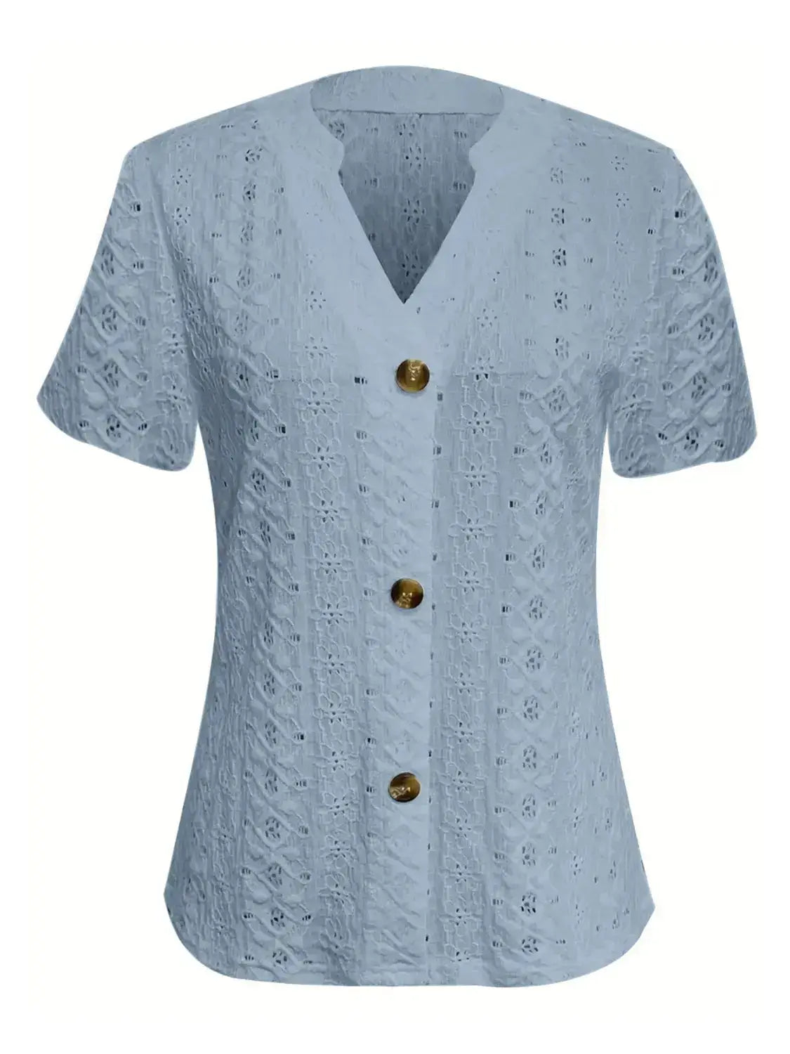 Openwork Notched Short Sleeve Top - Clothes For Her Online Store