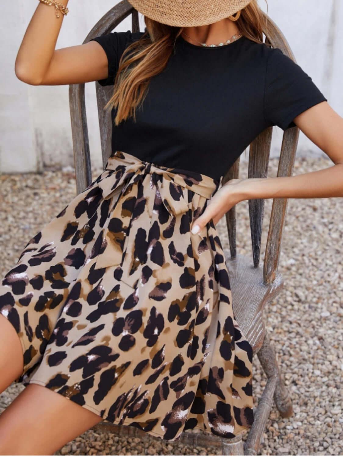 Tied Front Contrast Leopard Short Sleeve Mini Dress