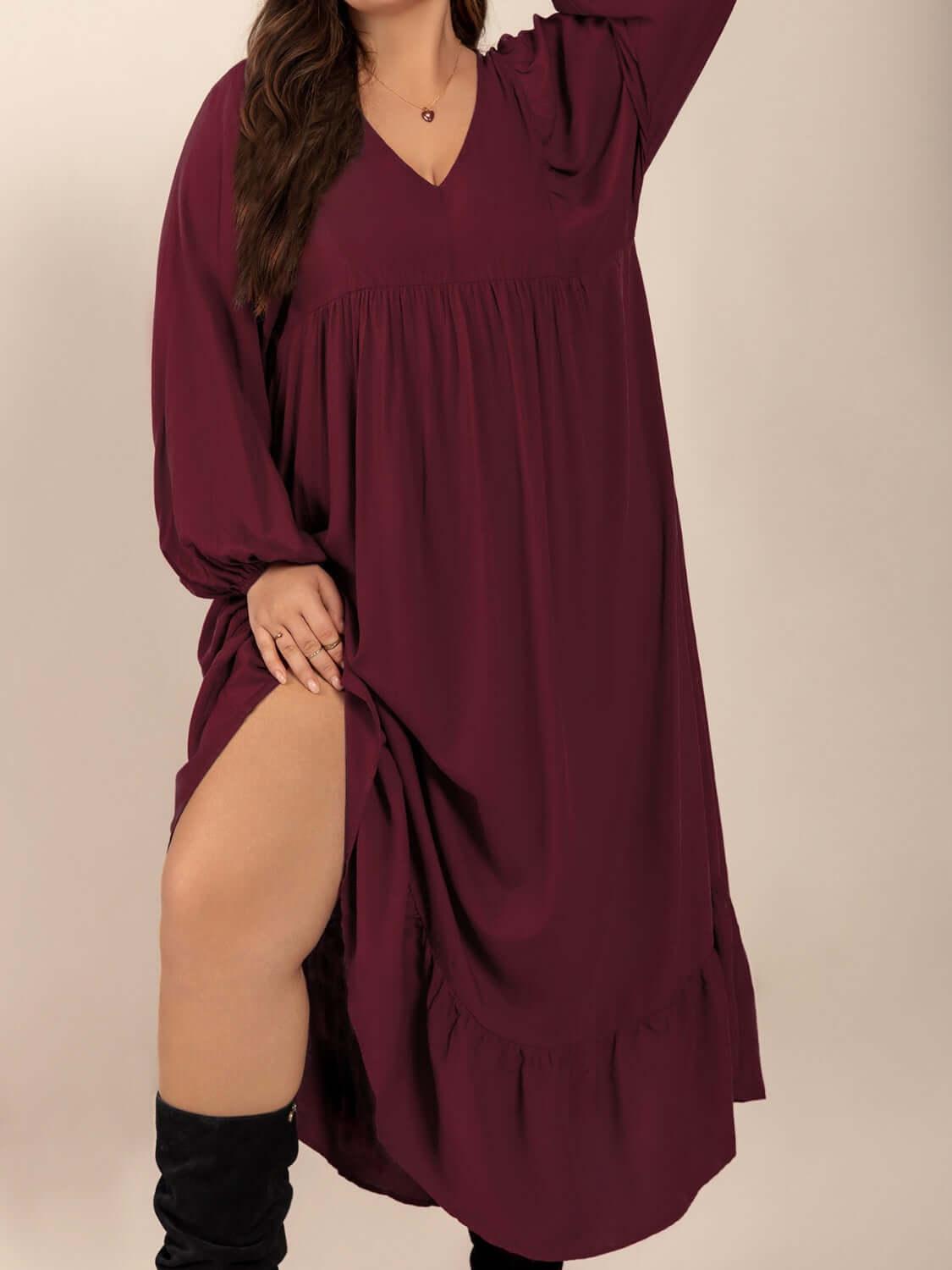 Plus Size Ruffled Hem V-Neck Balloon Sleeve Dress - Clothes For Her Online Store