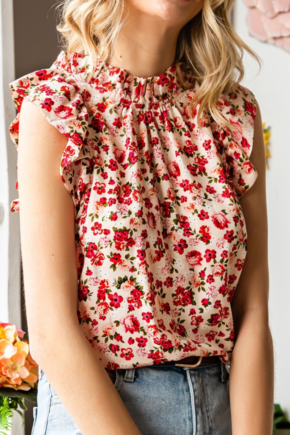 Ruffled Floral Round Neck Cap Sleeve Blouse