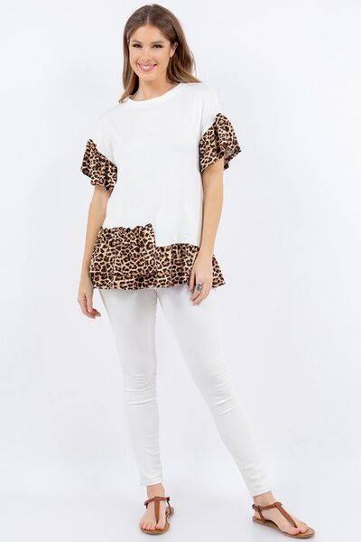 Celeste Full Size Animal Print Asymmetrical Top with Ruffle Sleeves Plus Size