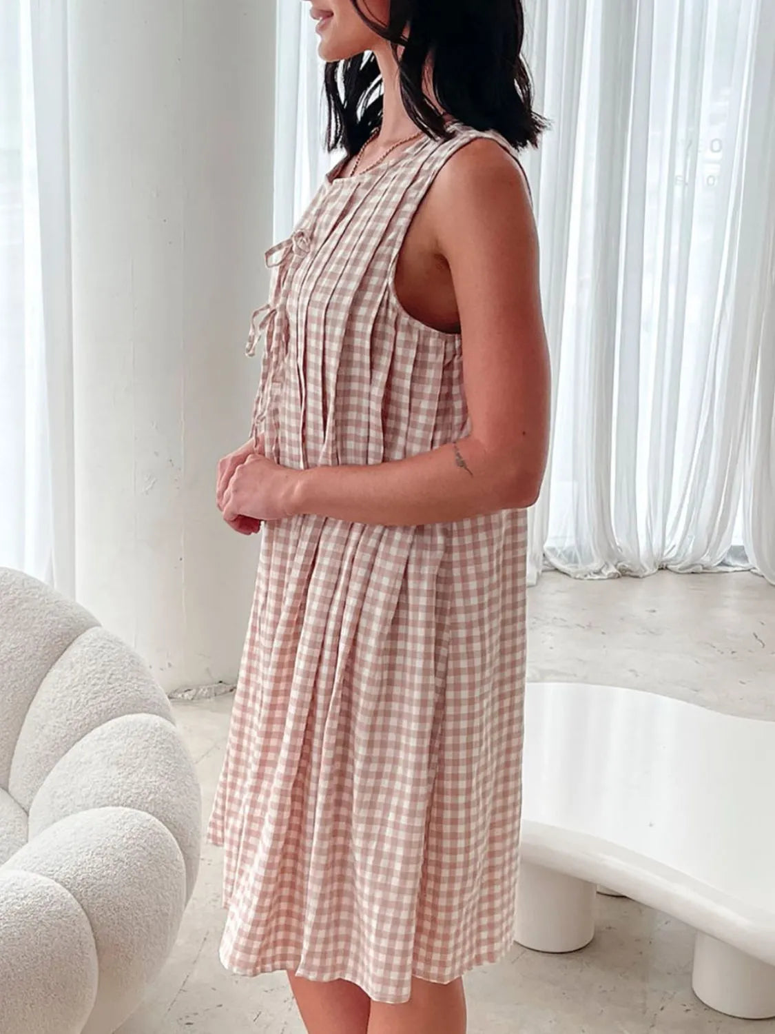 Tied Front Sleeveless Plaid Dress