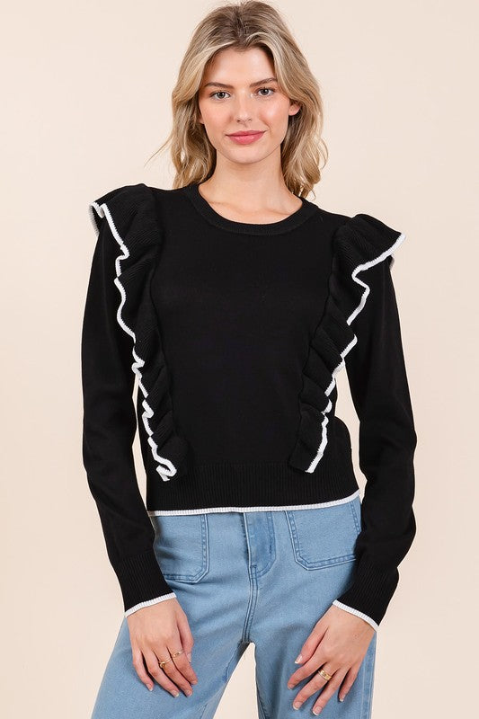 Mittoshop Contrast Trim Ruffled Round Neck Knit Top - Clothes For Her Online Store