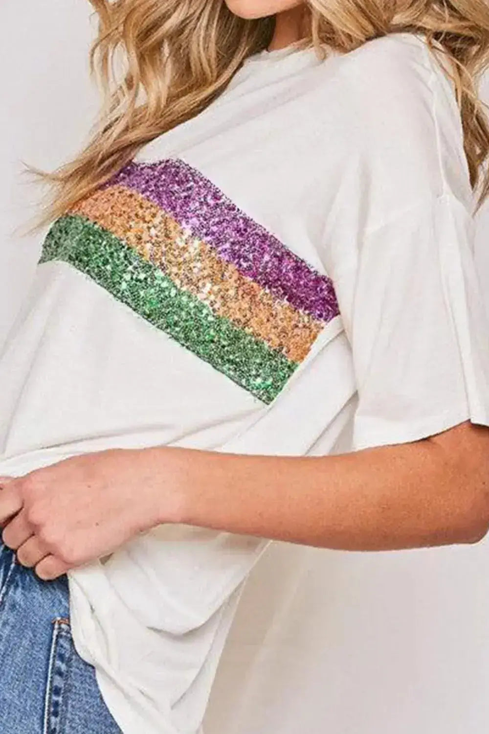 Sequin Stripes Crew Neck T Shirt - Clothes For Her Online Store