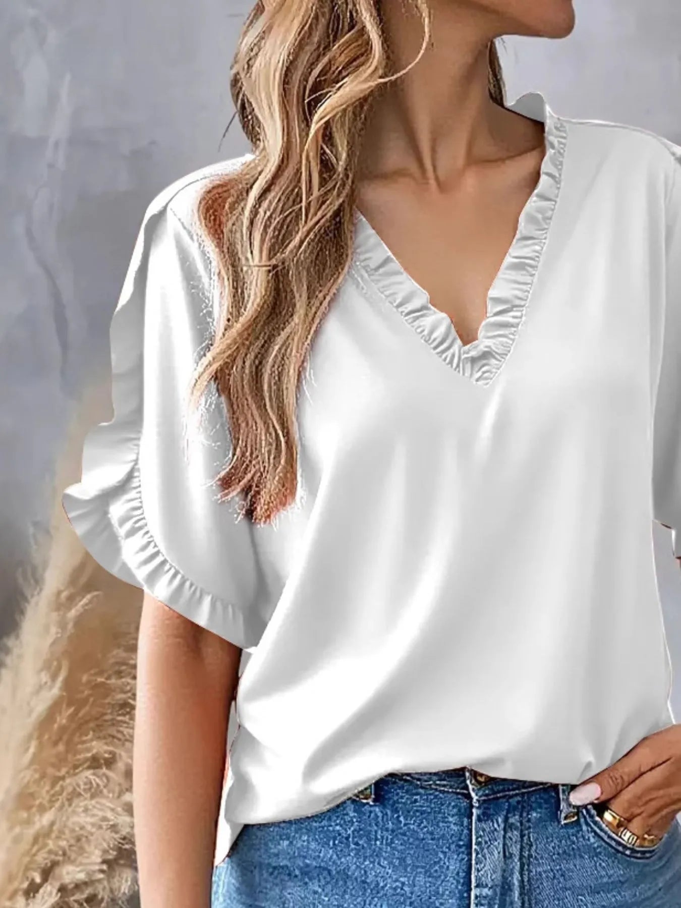 Ruffled V-Neck Short Sleeve Blouse