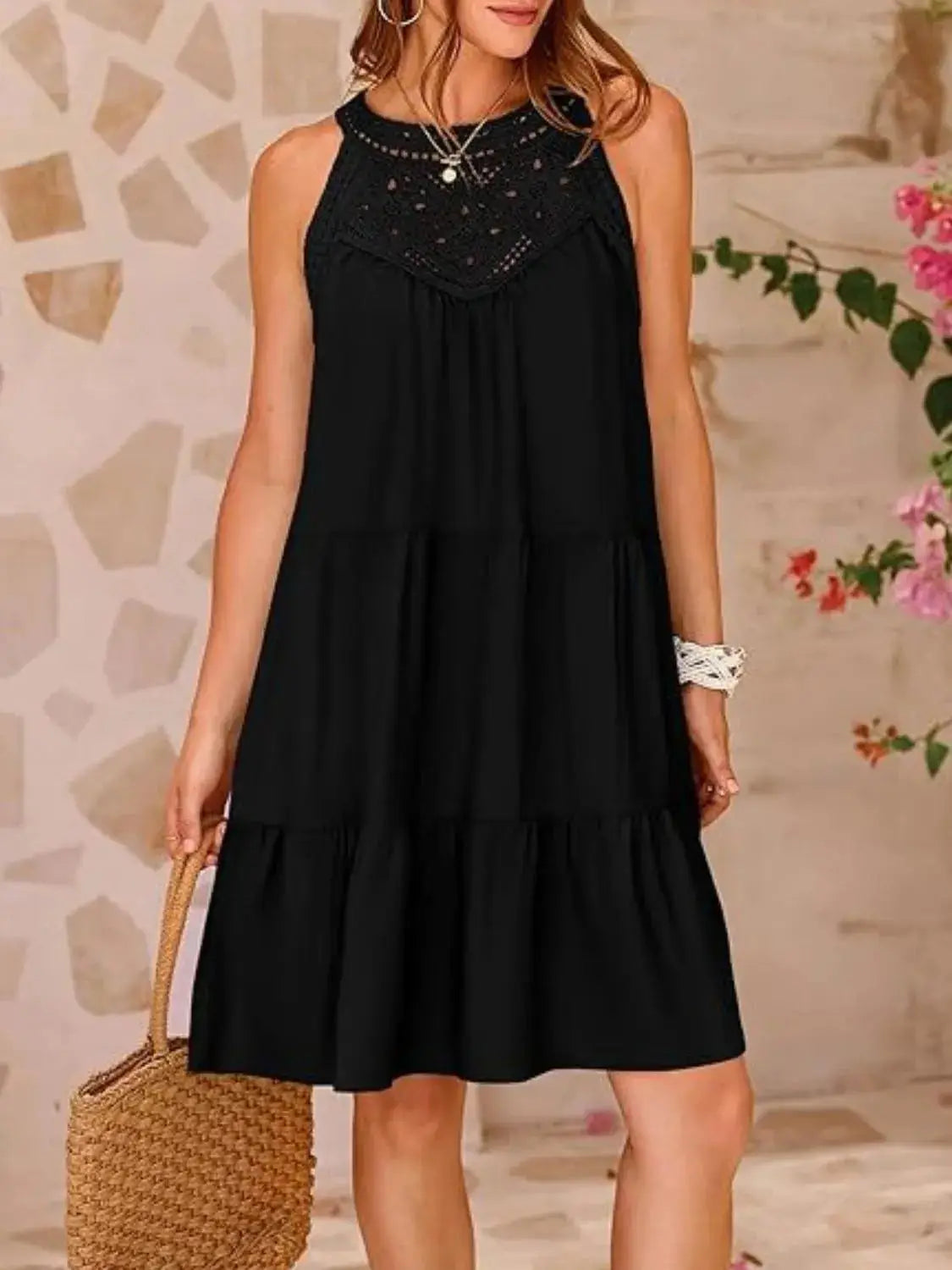 Ruffled Hem Lace Sleeveless Dress - Clothes For Her Online Store