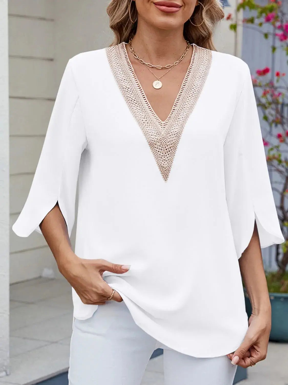 V-Neck 3/4 Sleeve Blouse - Clothes For Her Online Store