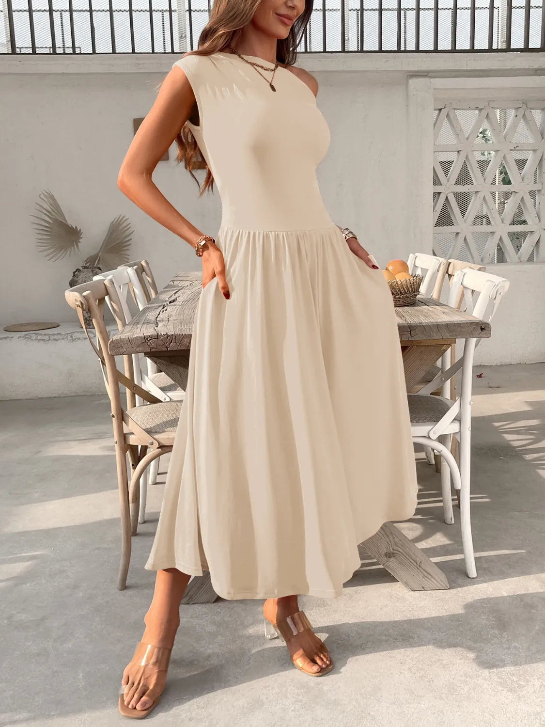 Single Shoulder Dress with Pockets