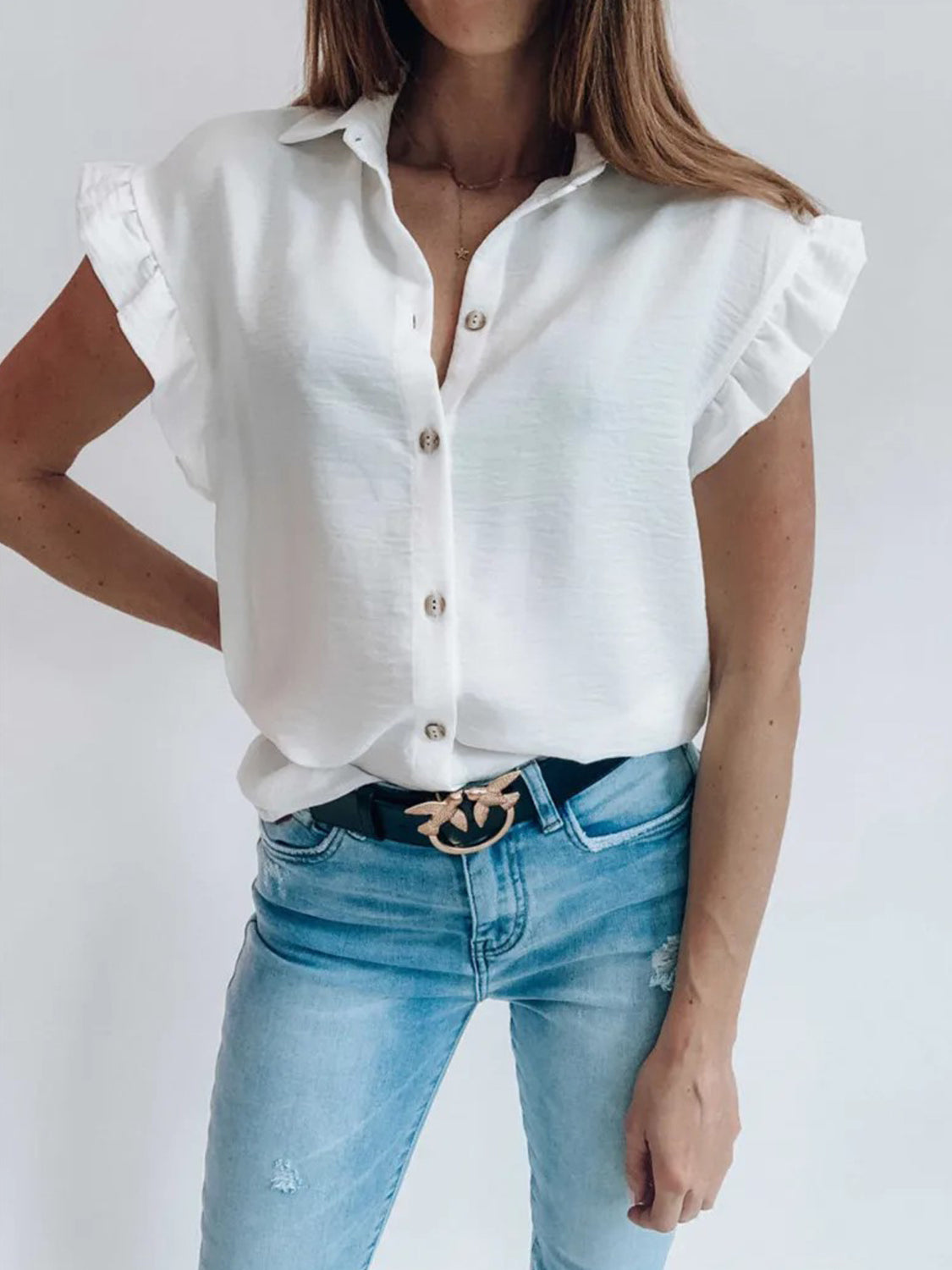 Ruffled Collared Neck Cap Sleeve Shirt