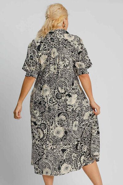 Umgee Full Size Printed Smocked Cuff Puff Sleeve Midi Dress Plus Size