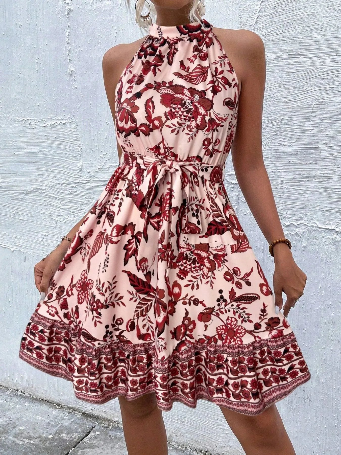 Floral Halter Neck Summer Dress with Belt