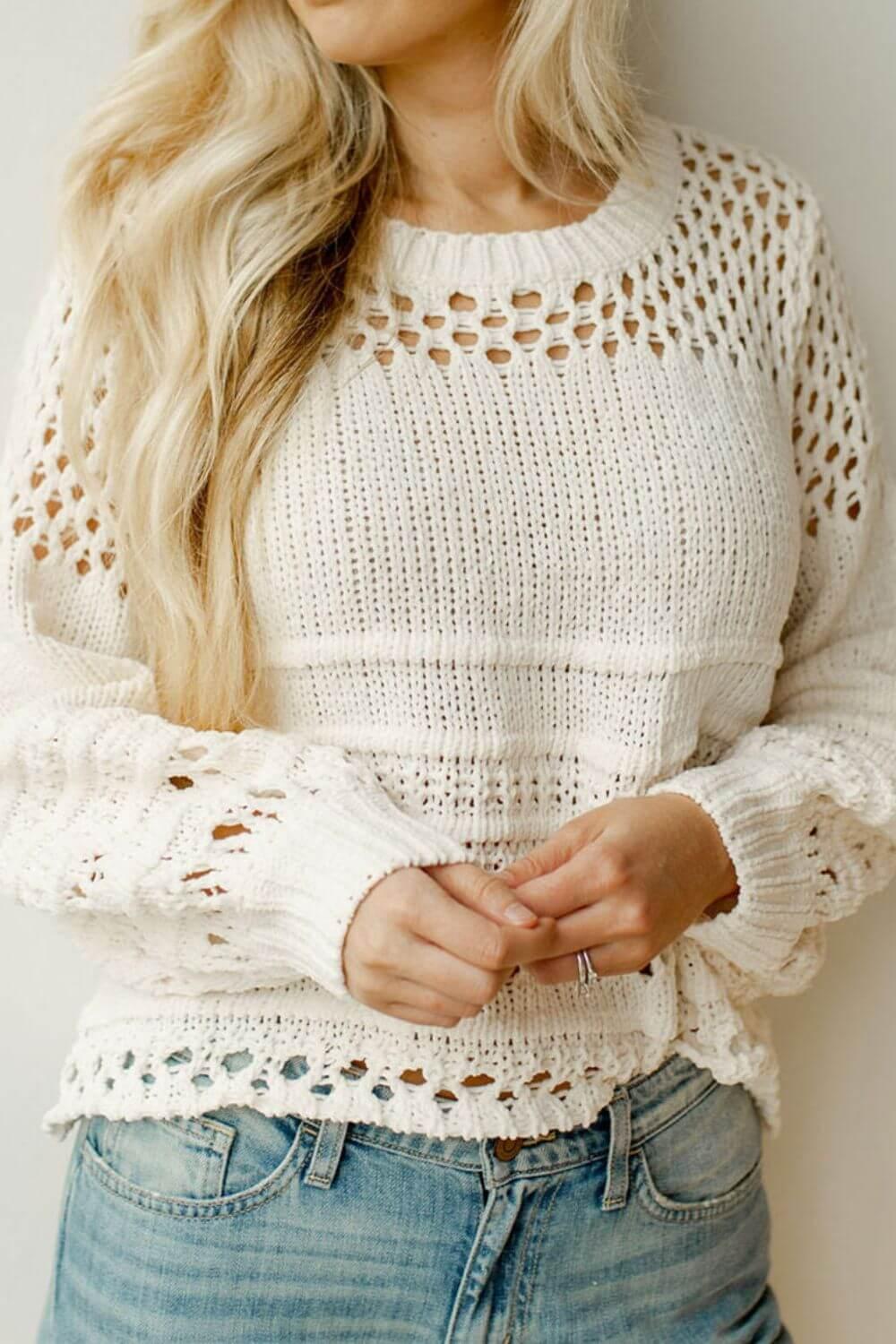 Pointelle Knit Puff Sleeve Sweater