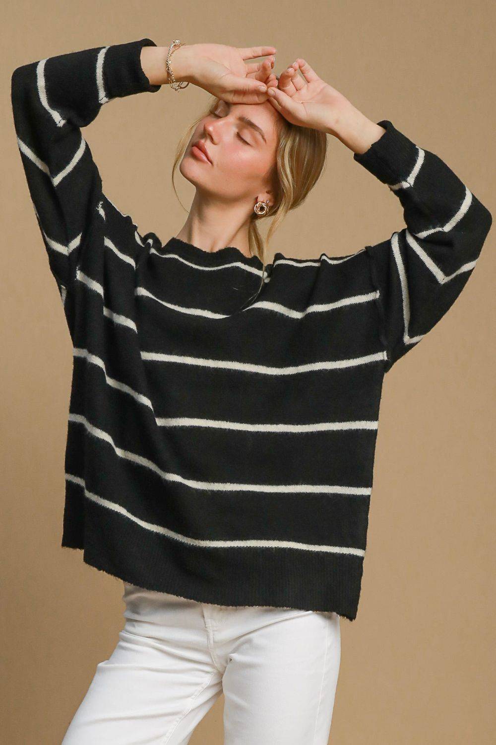 Umgee Wool Blend Striped Round Neck Sweater - Clothes For Her Online Store