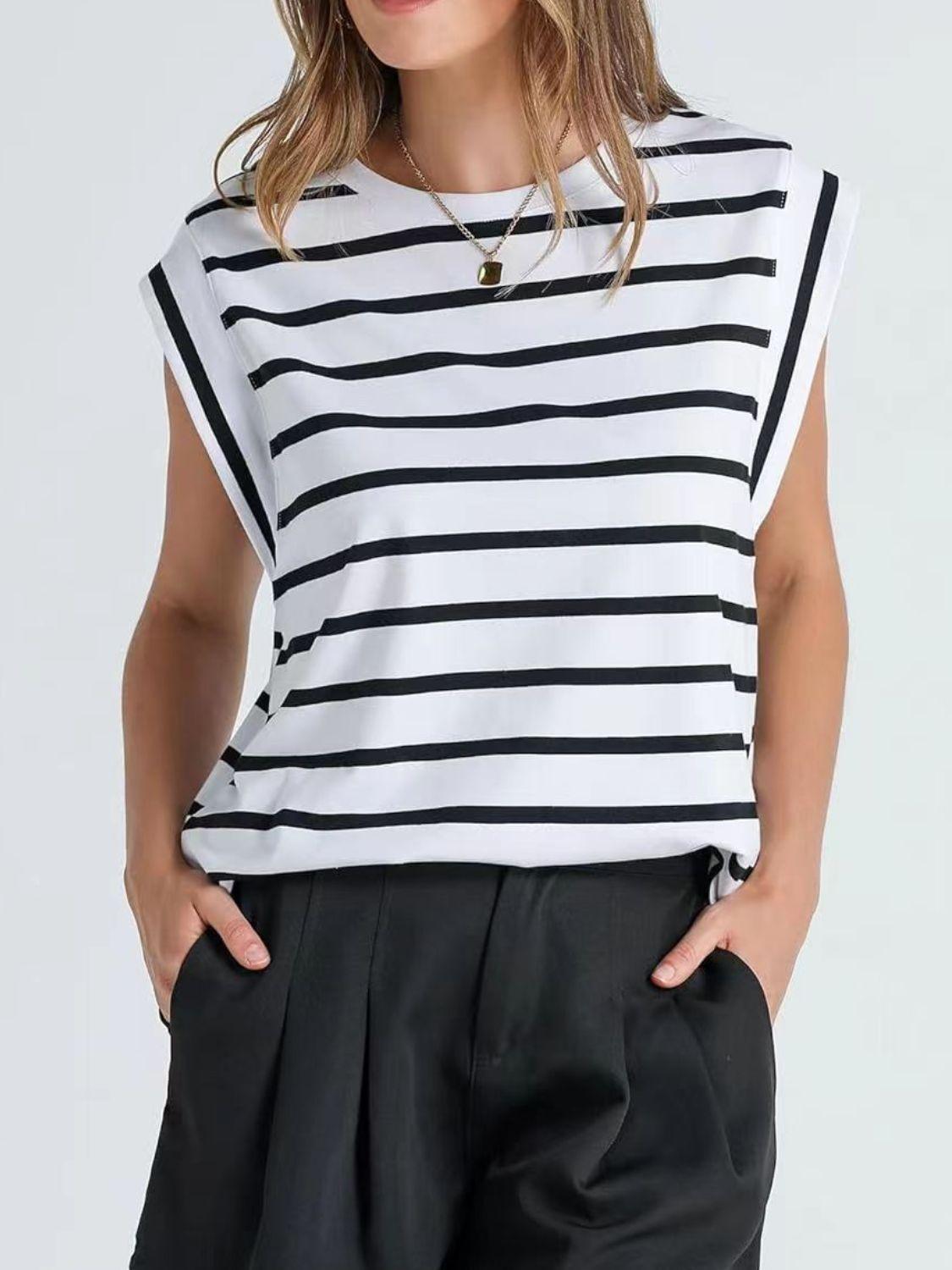 Florira Striped Round Neck Cap Sleeve T-Shirt