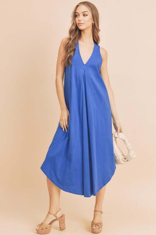 Aemi + Co Front Pleat Detail V-Neck Sleeveless Midi Dress