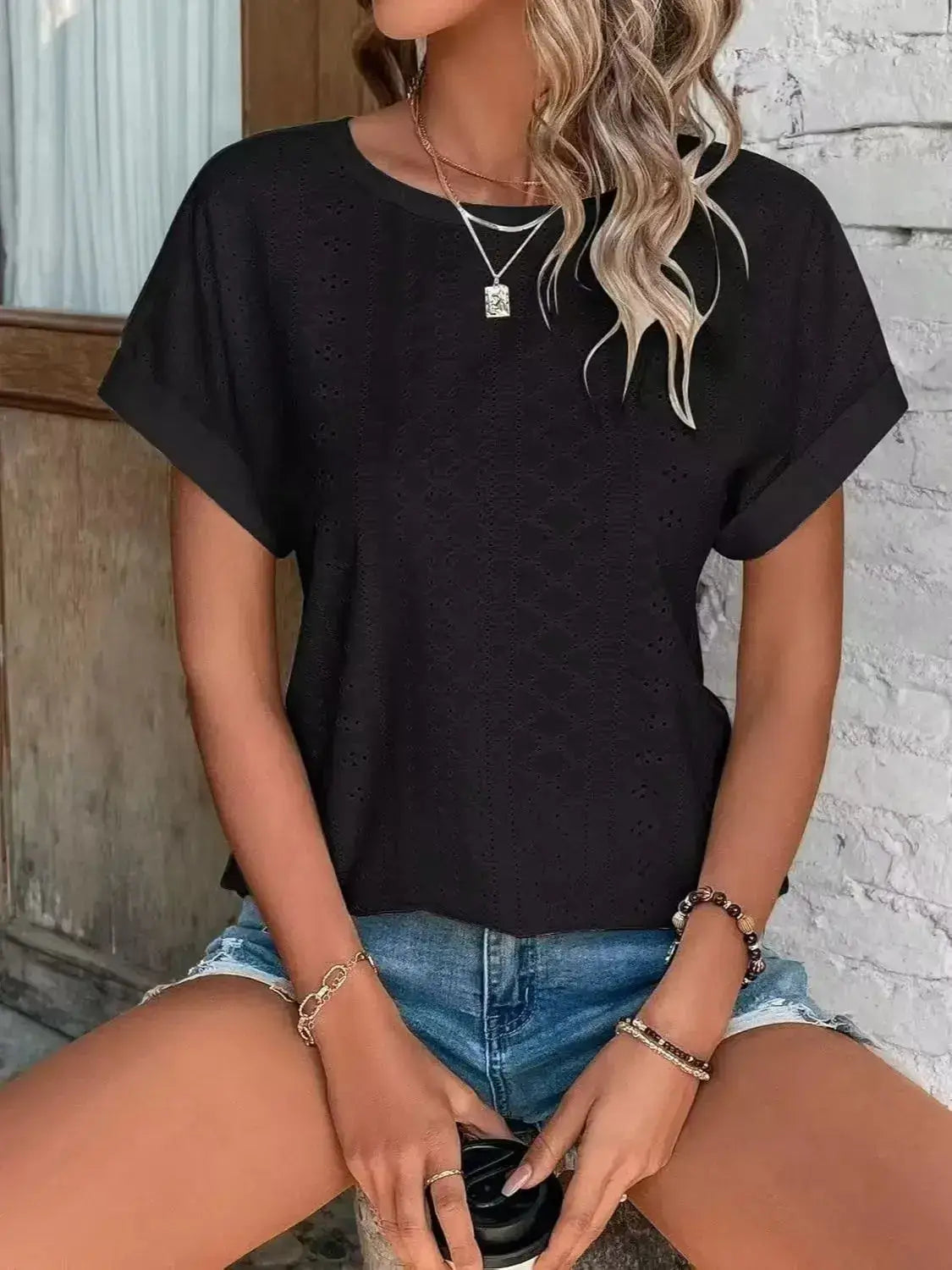 Eyelet Round Neck Short Sleeve T-Shirt - Clothes For Her Online Store