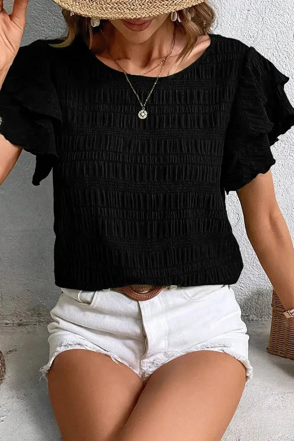 Round Neck Ruffled Layered Short Sleeve Blouse