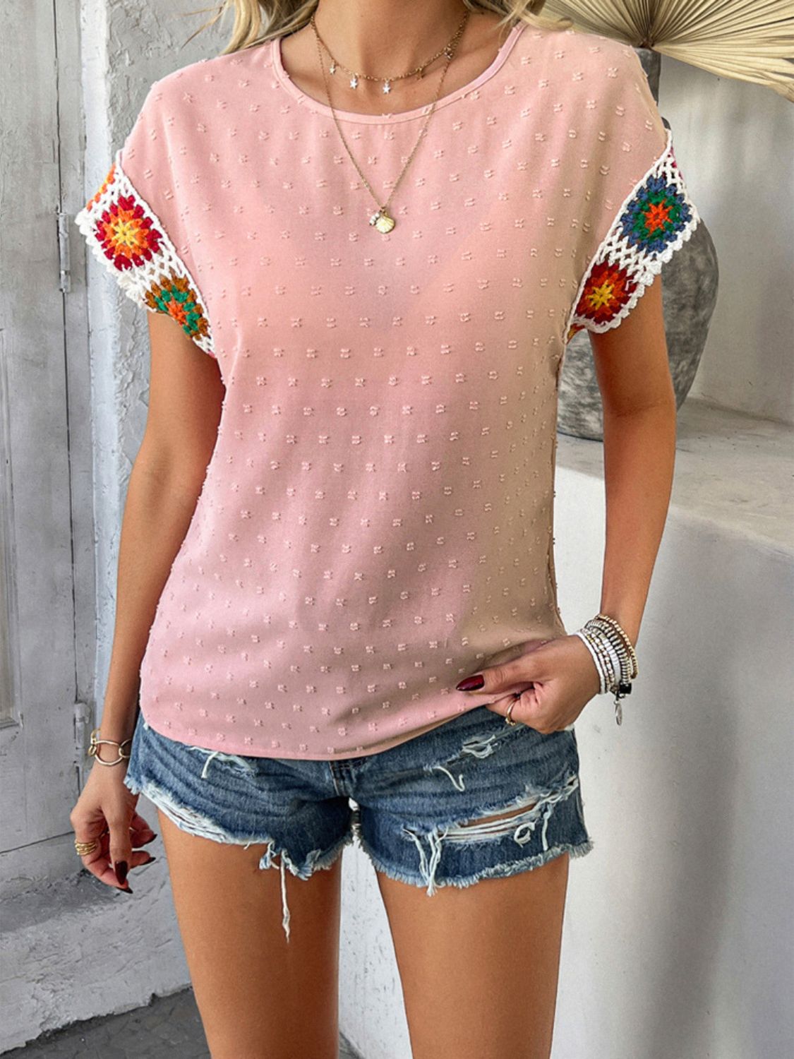 Devine Swiss Dot Round Neck Crochet Short Sleeve Top