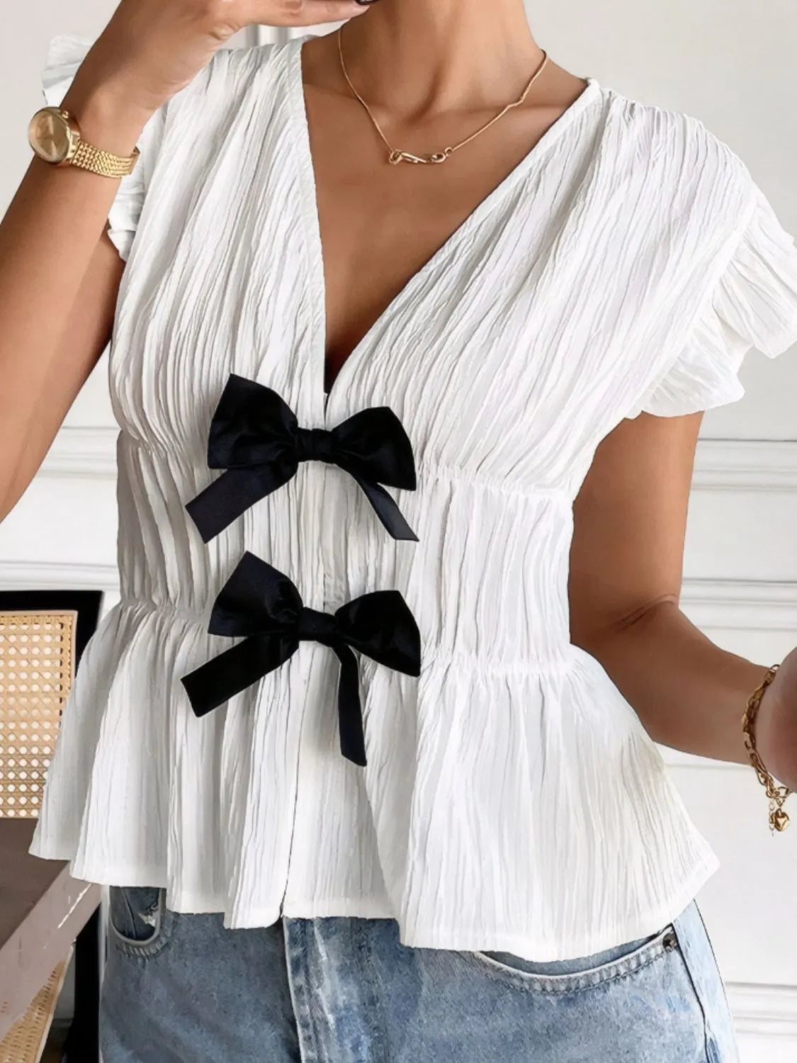 Bow V-Neck Cap Sleeve Blouse