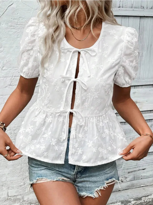 Puff Sleeve Tie Front Lace Peplum Blouse