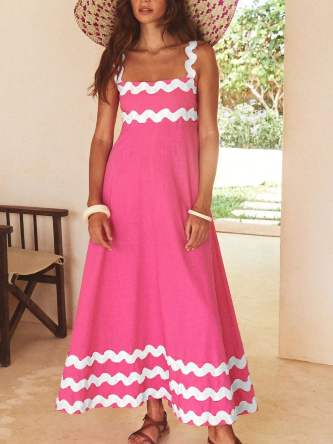 Contrast Trim Square Neck Maxi Cami Dress - Clothes For Her Online Store