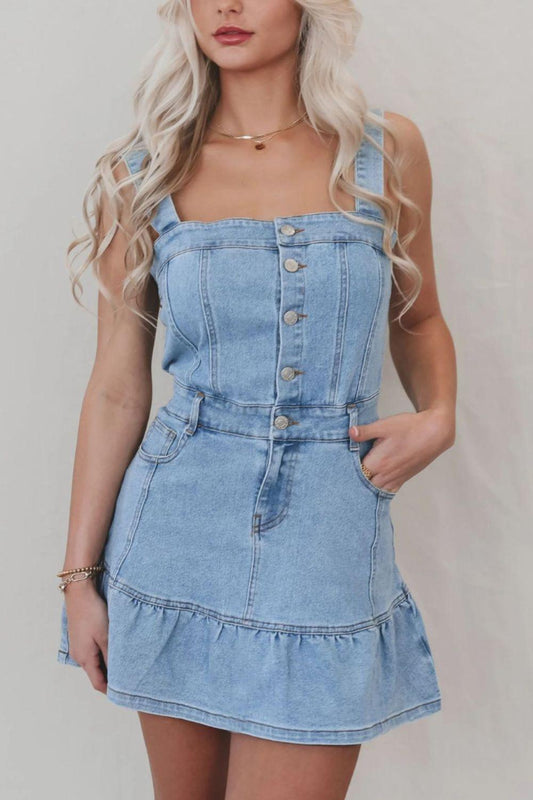 Ruffled Hem Button Front Square Neck Denim Dress - Clothes For Her Online Store
