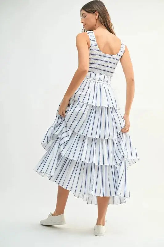 MABLE Pin Stripe Smocked Bodice Layered Midi Dress - Clothes For Her Online Store