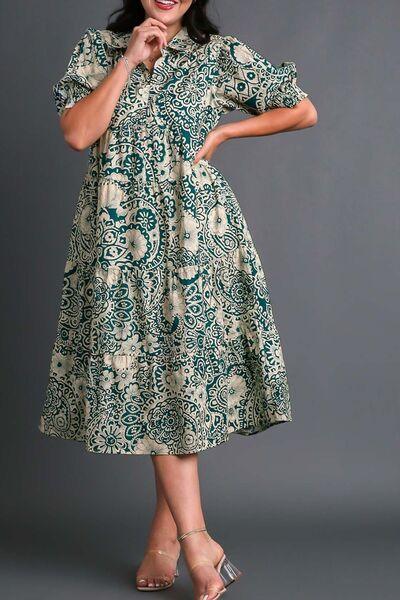 Umgee Full Size Printed Smocked Cuff Puff Sleeve Midi Dress Plus Size - Clothes For Her Online Store