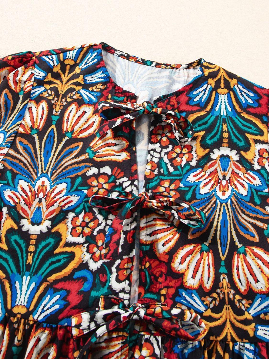 Tropical Print Puff Sleeve Knot Front Blouse