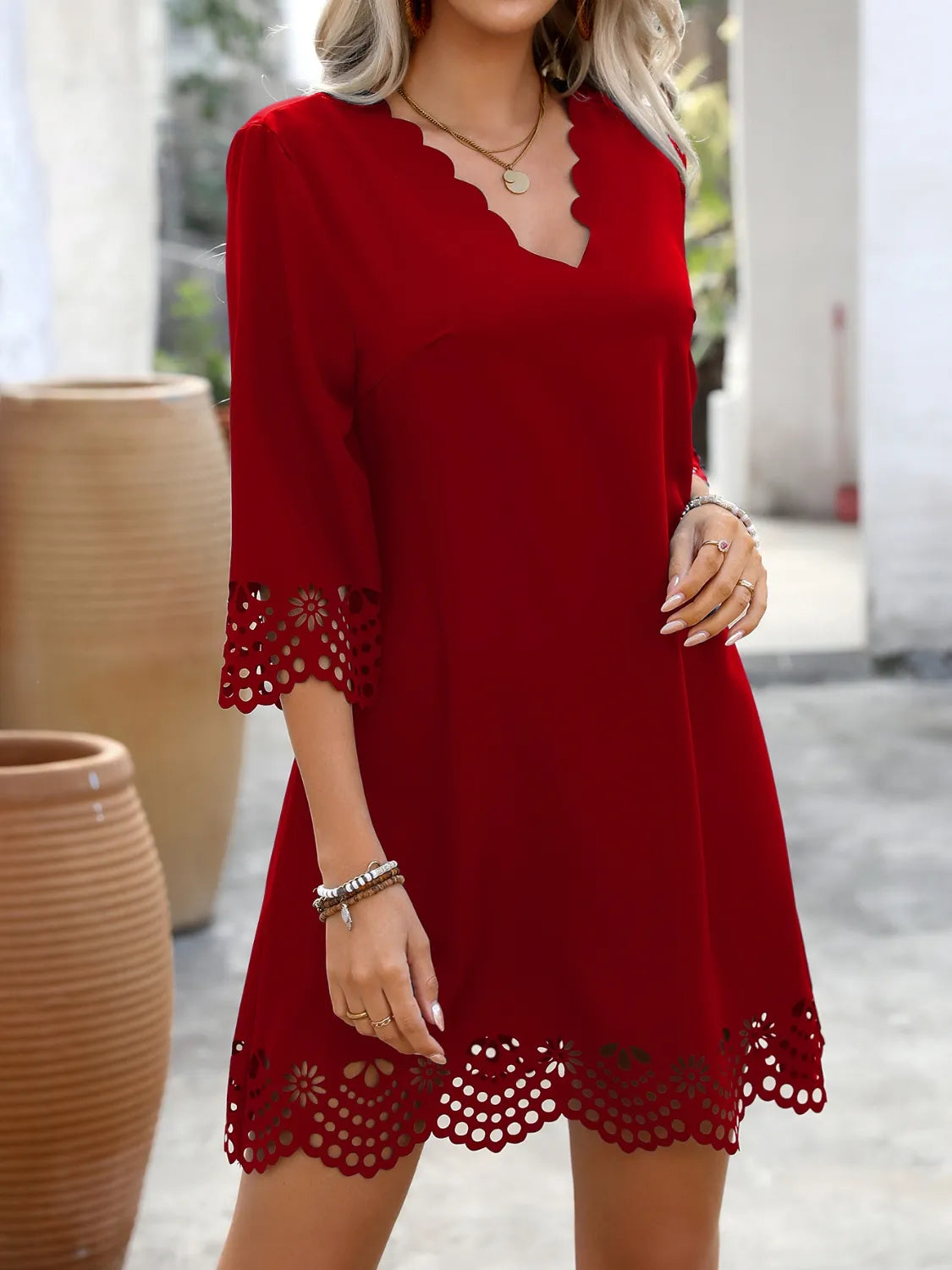 Cutout V-Neck Three-Quarter Sleeve Mini Dress